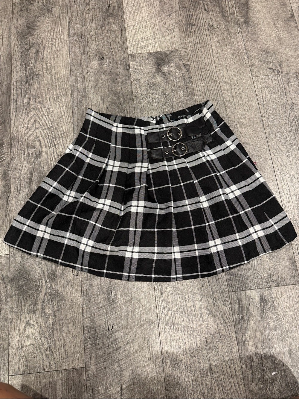 Forever 21 Black and White Plaid Pleated Mini Skirt with Buckle Straps
